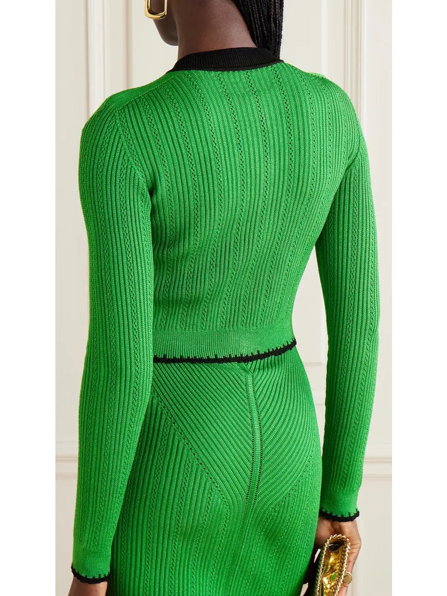 Cropped Ribbed-Knit Cardigan and Skirt Set in Green - Suits & Sets