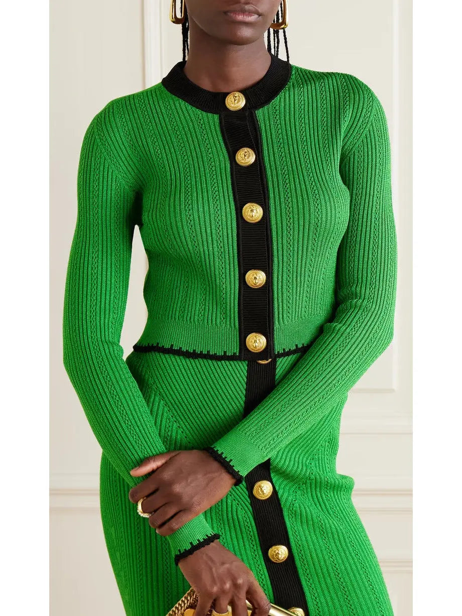 Cropped Ribbed-Knit Cardigan and Skirt Set in Green - Suits & Sets