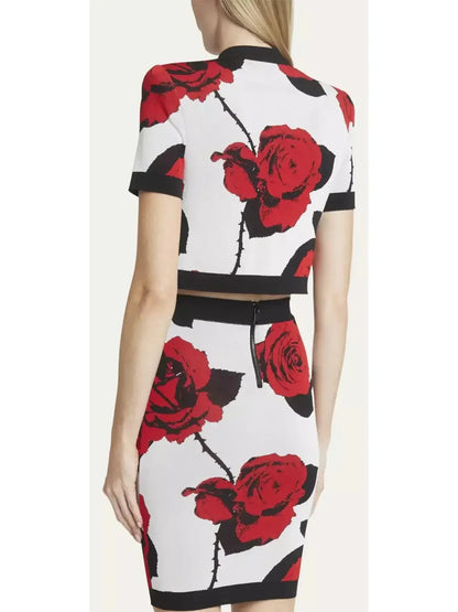 Cropped Rose Print Rose-Button Cardigan and Skirt Set - Suits & Sets