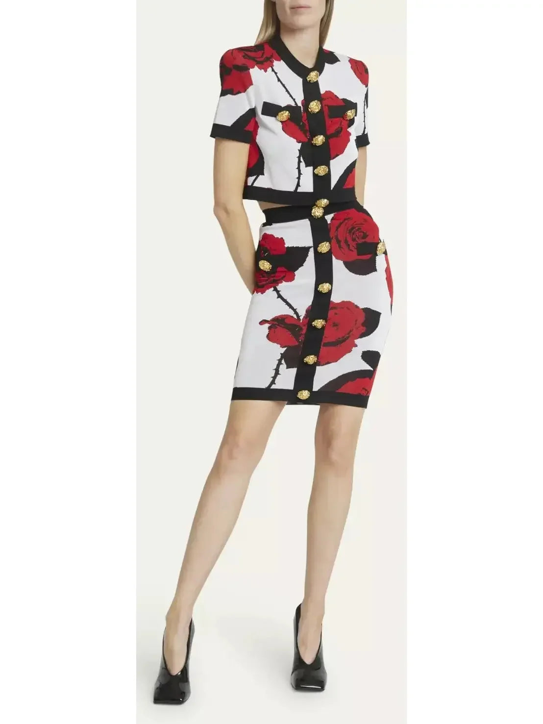 Cropped Rose Print Rose-Button Cardigan and Skirt Set - Suits & Sets