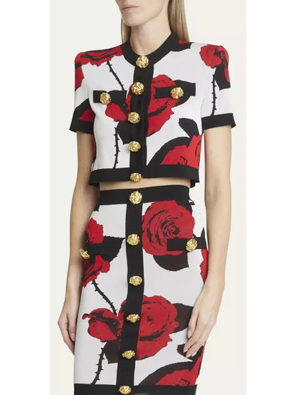 Cropped Rose Print Rose-Button Cardigan and Skirt Set - Suits & Sets