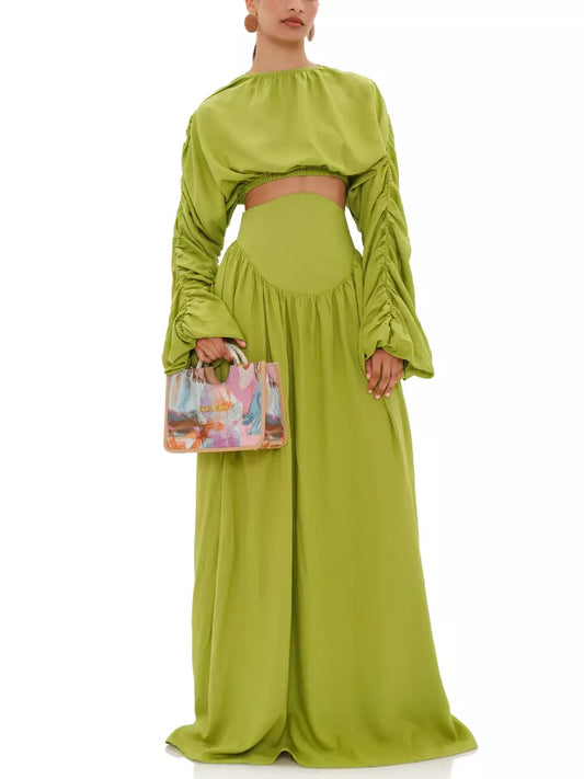 Cropped Ruched Top with long Matching Corset Skirt Set in Green - Suits & Sets