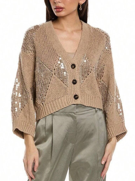 Cropped Sequin-Detail Linen-Blend Cardigan with button closure for stylish layering