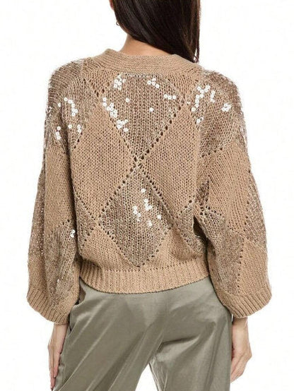 Beige knit cropped sequin-detail linen-blend cardigan with shimmering sequins