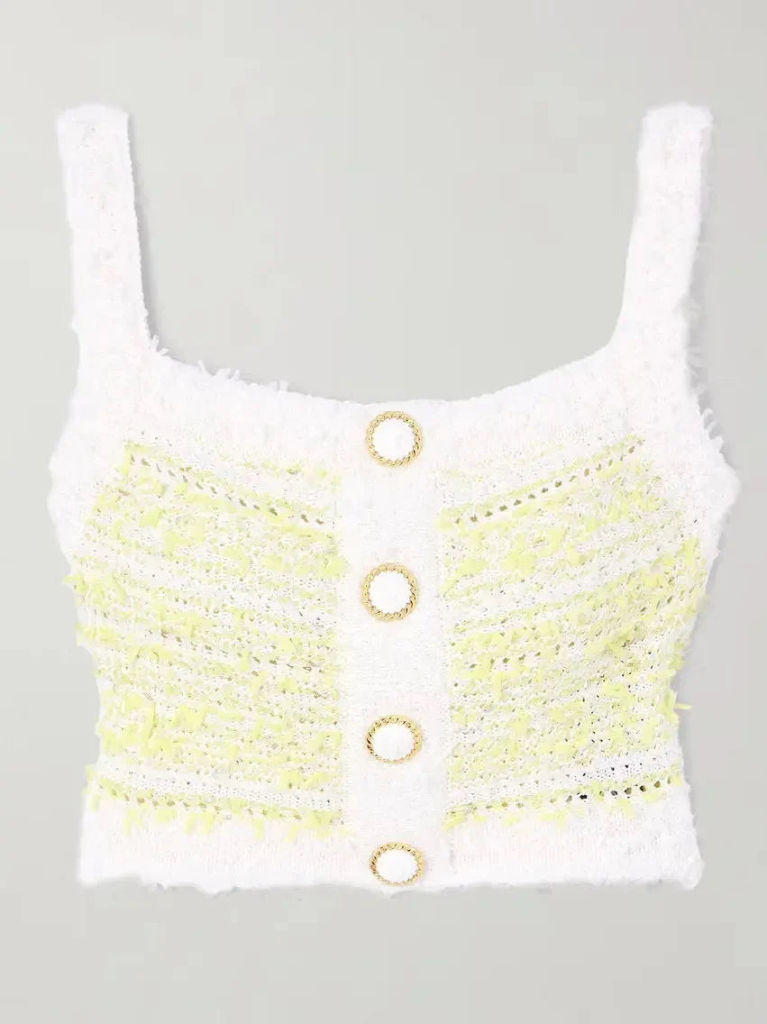 Cropped Striped Knit Tank in Yellow and White - Tops