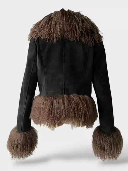 Brown suede jacket with Mongolian sheep fur trim for a stylish cropped look