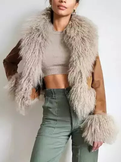 Brown suede jacket featuring Mongolian sheep fur trim for a stylish cropped look