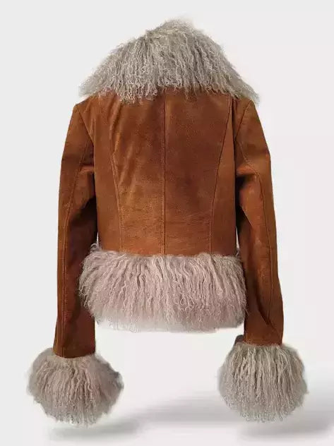 Cropped Suede and Mongolian Sheep Fur Jacket in brown with stylish fur trim