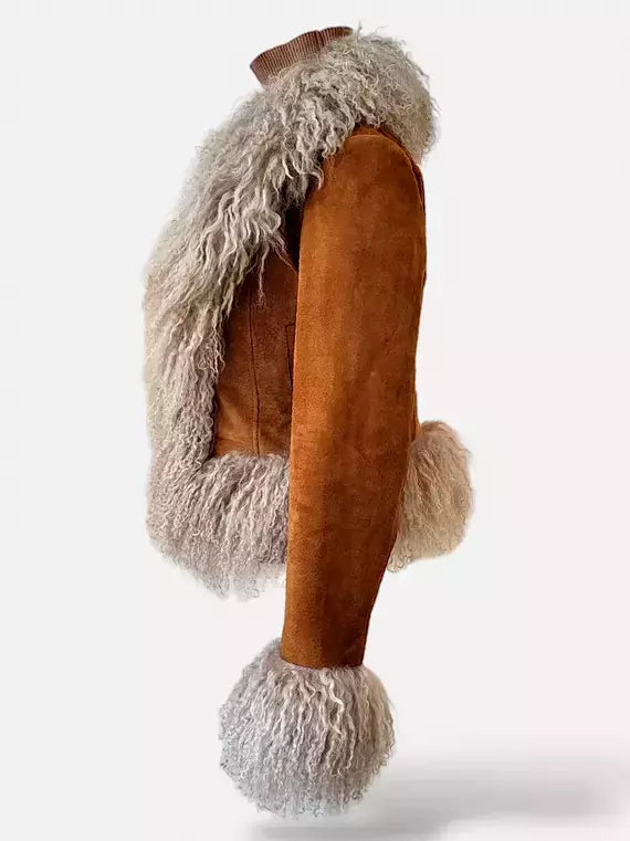 Brown suede cropped jacket with Mongolian sheep fur trim for stylish winter wear