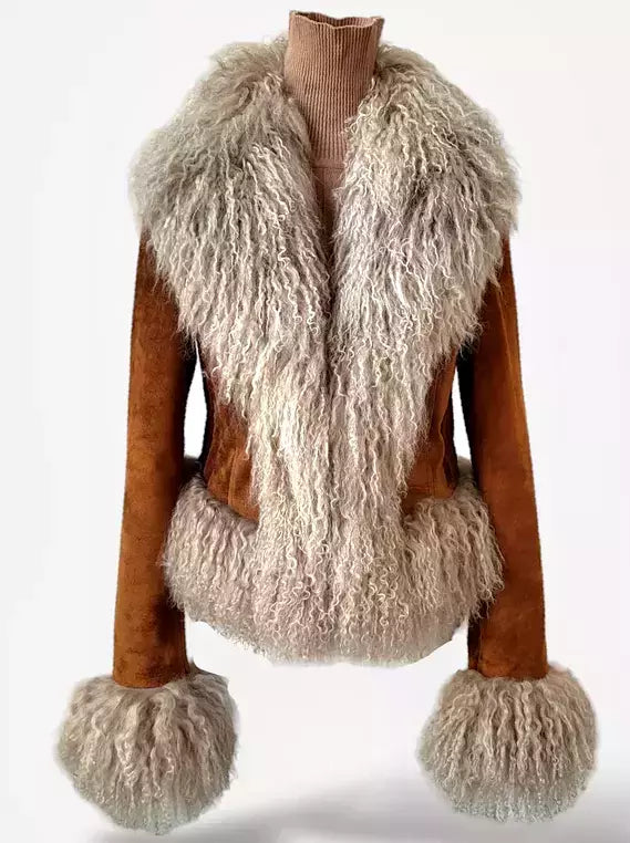 Brown cropped suede jacket featuring luxurious Mongolian sheep fur trim