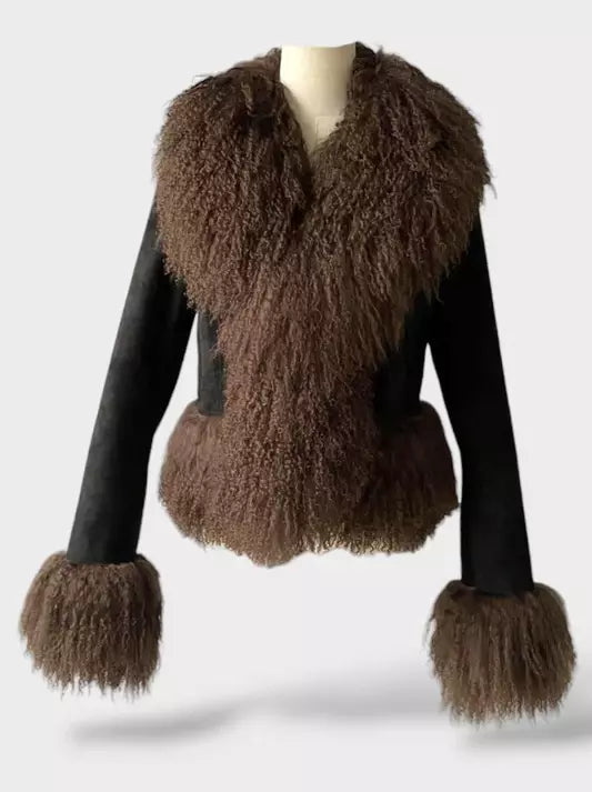 Brown suede cropped jacket with Mongolian sheep fur trim for stylish warmth