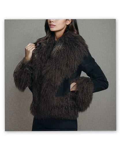 Brown suede jacket with Mongolian sheep fur trim in a stylish cropped design