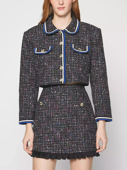 Cropped Tweed Jacket and Ruffle-Trim Skirt Set - Suits & Sets