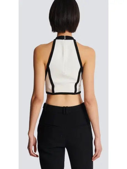 Cropped White and Black Halter-Top with Rose Detail - Tops