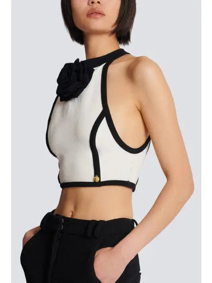 Cropped White and Black Halter-Top with Rose Detail - Tops