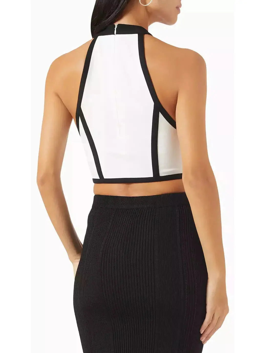 Cropped White and Black Halter-Top with Rose Detail - Tops