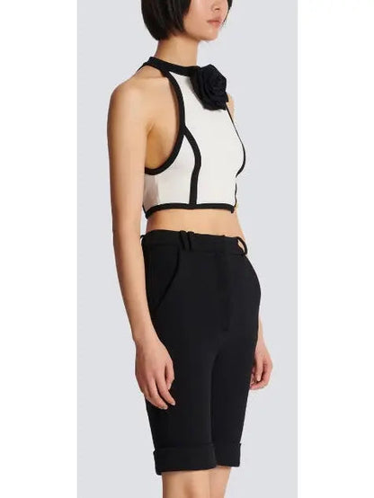 Cropped White and Black Halter-Top with Rose Detail - Tops