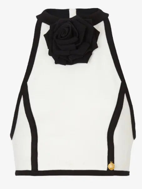 Cropped White and Black Halter-Top with Rose Detail - Tops