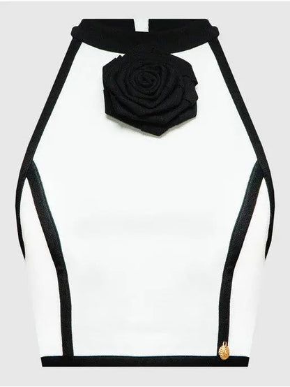 Cropped White and Black Halter-Top with Rose Detail - Tops