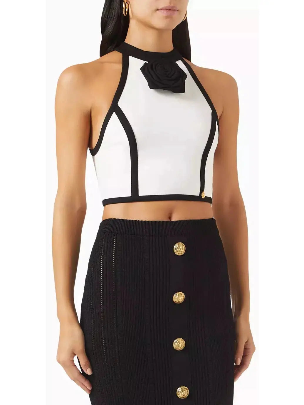 Cropped White and Black Halter-Top with Rose Detail - Tops