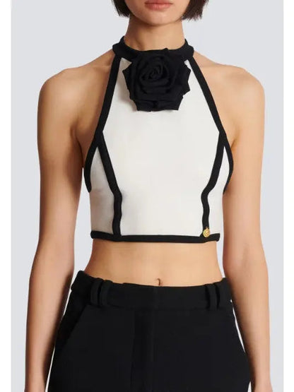 Cropped White and Black Halter-Top with Rose Detail - Tops