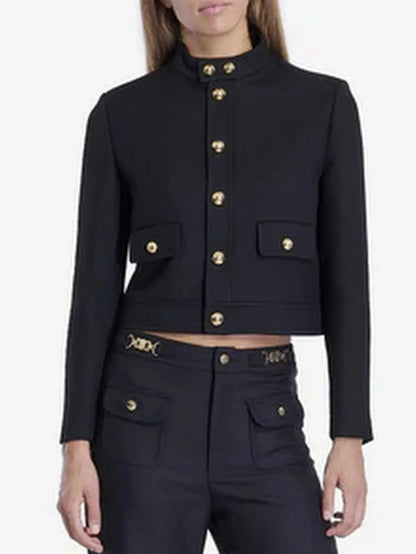 Cropped Wool-Blend Jacket with Gold Buttons - Jackets