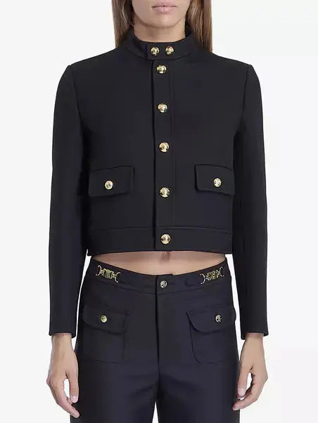 Cropped Wool-Blend Jacket with Gold Buttons - Jackets