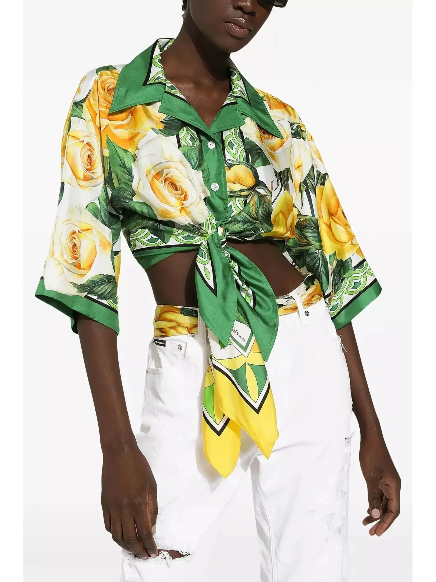 Cropped Yellow-Rose-Print Silk Shirt - Tops