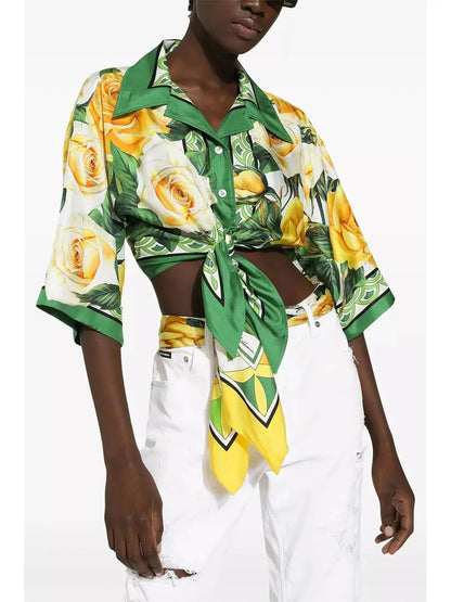Cropped Yellow-Rose-Print Silk Shirt - Tops