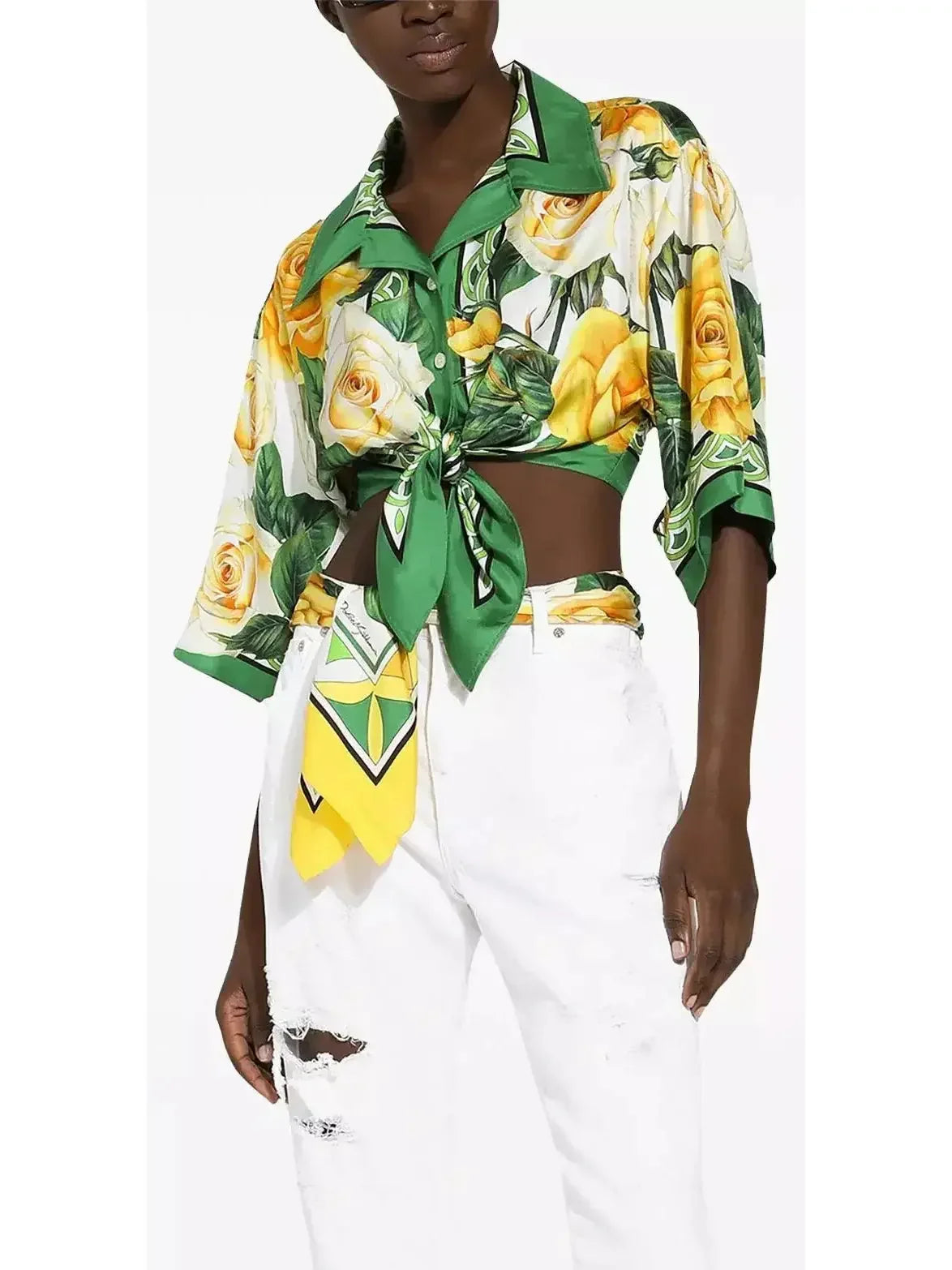 Cropped Yellow-Rose-Print Silk Shirt - Tops
