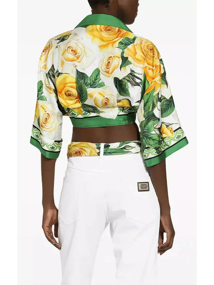Cropped Yellow-Rose-Print Silk Shirt - Tops