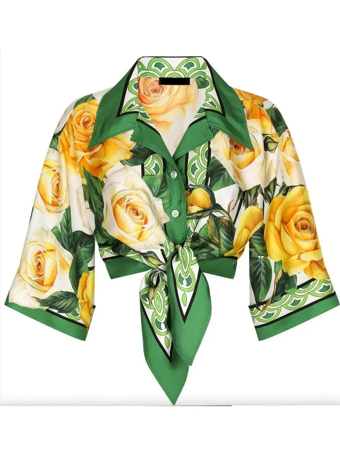 Cropped Yellow-Rose-Print Silk Shirt - Tops