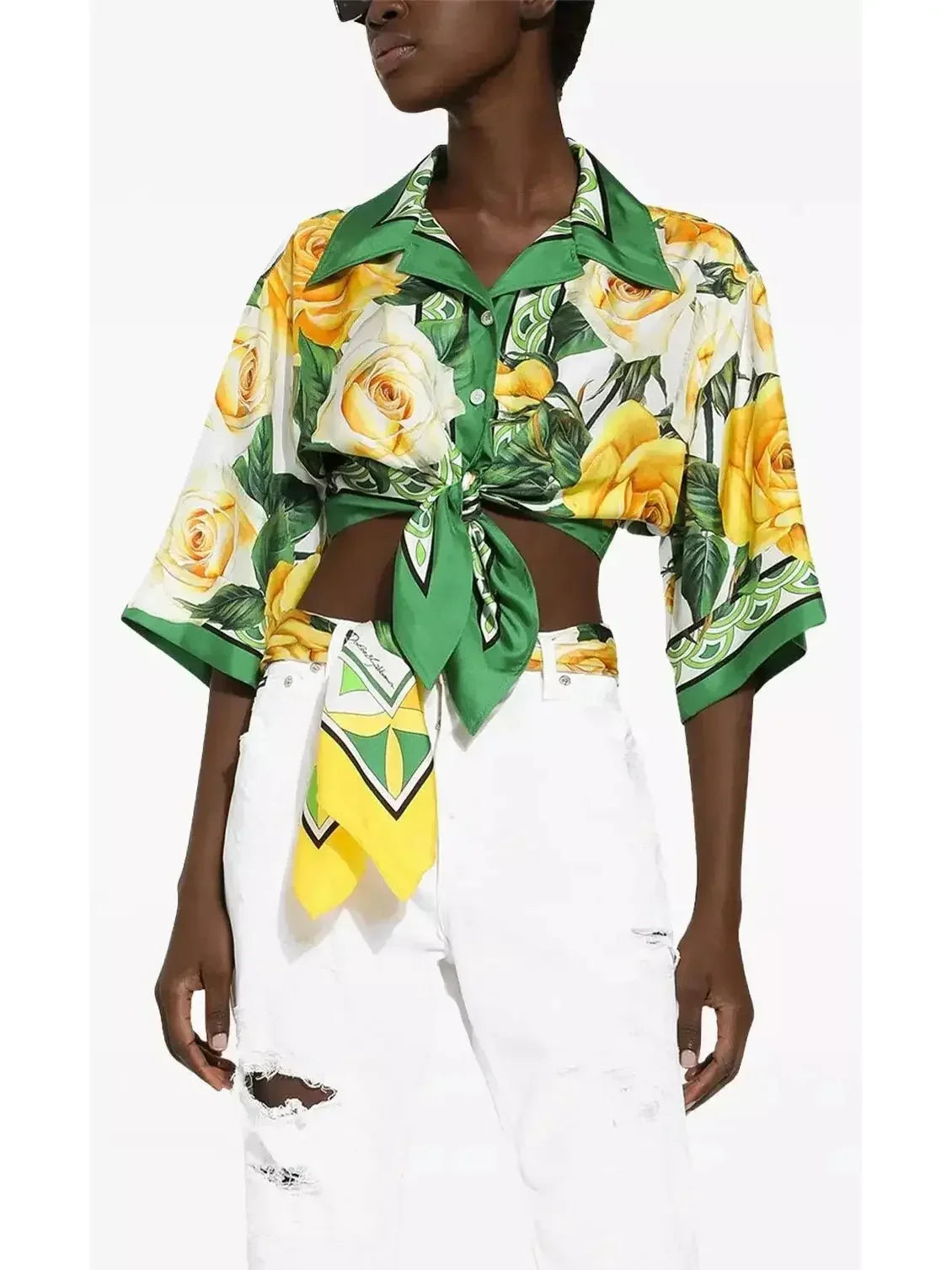 Cropped Yellow-Rose-Print Silk Shirt - Tops
