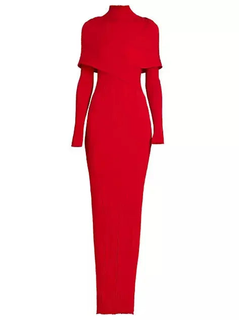 Cross-Over High-Neck Plissé Design Red Knit Maxi Dress - Dresses