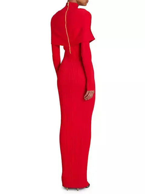 Cross-Over High-Neck Plissé Design Red Knit Maxi Dress - Dresses