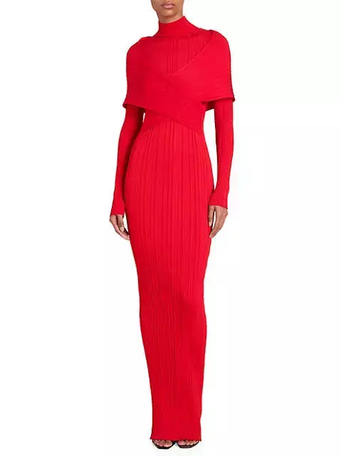 Cross-Over High-Neck Plissé Design Red Knit Maxi Dress - Dresses