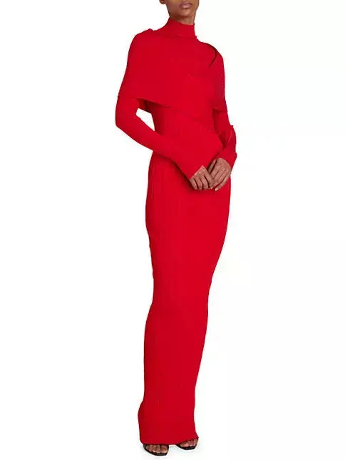 Cross-Over High-Neck Plissé Design Red Knit Maxi Dress - Dresses