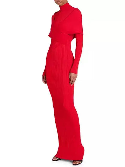 Cross-Over High-Neck Plissé Design Red Knit Maxi Dress - Dresses