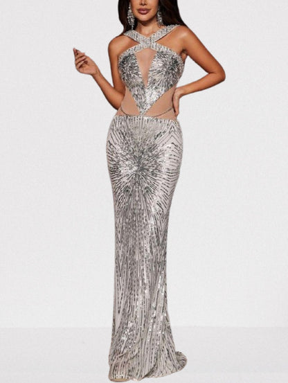 Cross-Over Silver Sequin Sleeveless Gown - Dresses