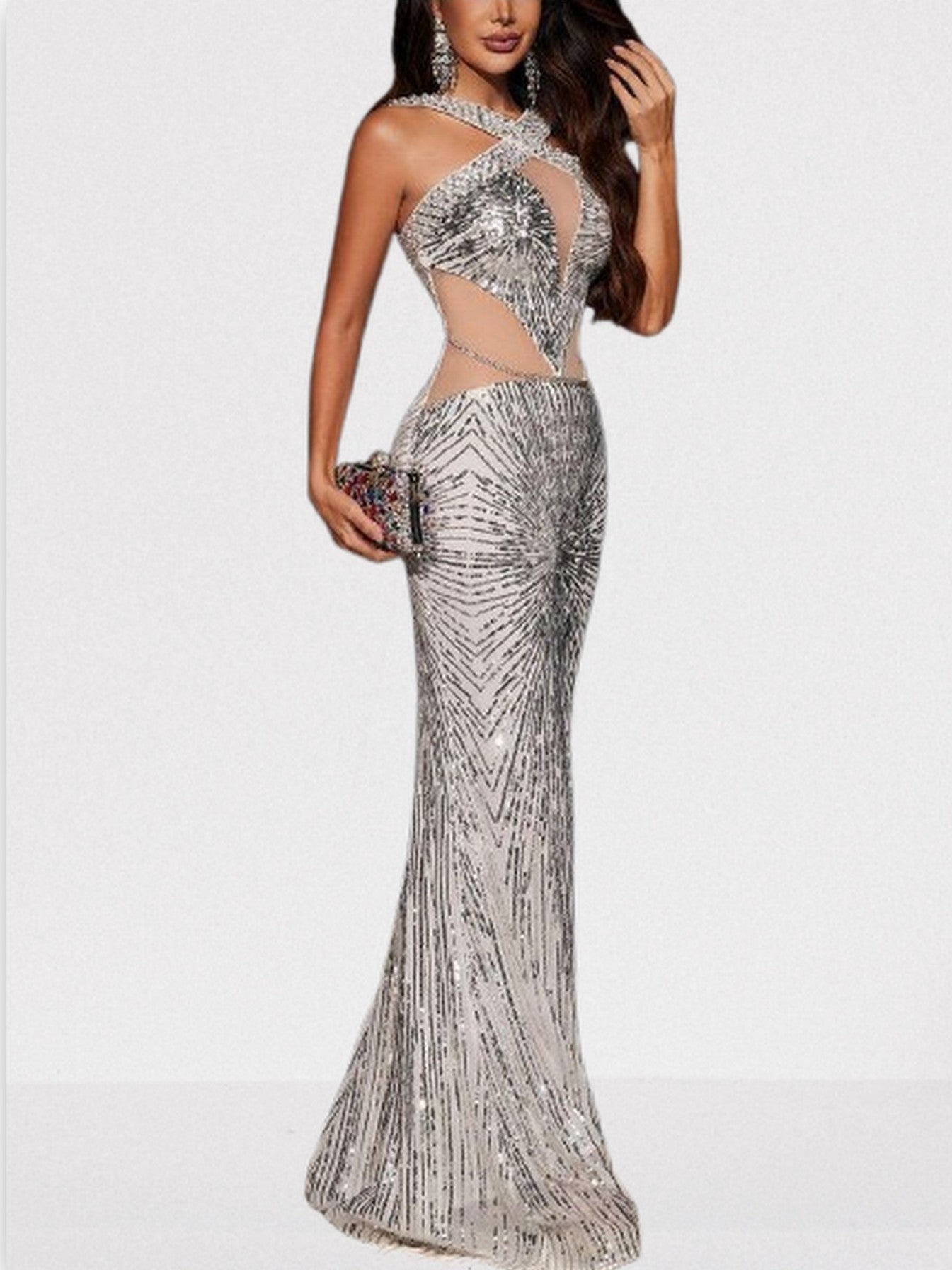 Cross-Over Silver Sequin Sleeveless Gown - Dresses