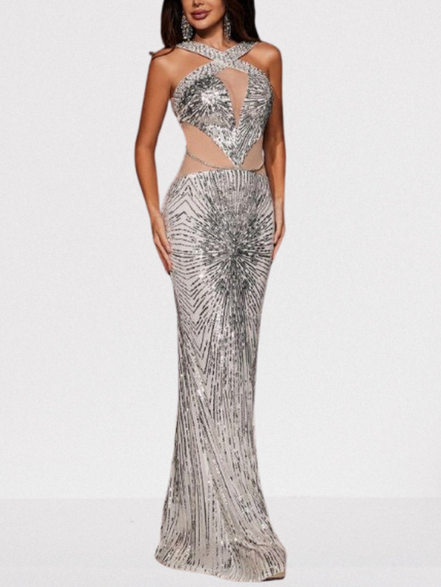 Cross-Over Silver Sequin Sleeveless Gown - Small - Dresses