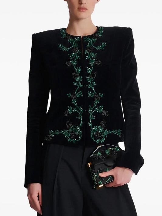 Crystal and Beaded Berry Embellished Velvet Jacket - Jackets