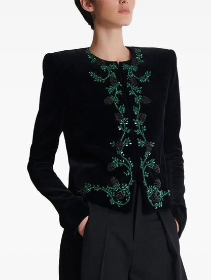 Crystal and Beaded Berry Embellished Velvet Jacket - Jackets