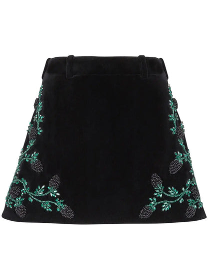 Crystal and Beaded Berry Embellished Velvet Mini Skirt - Skirts