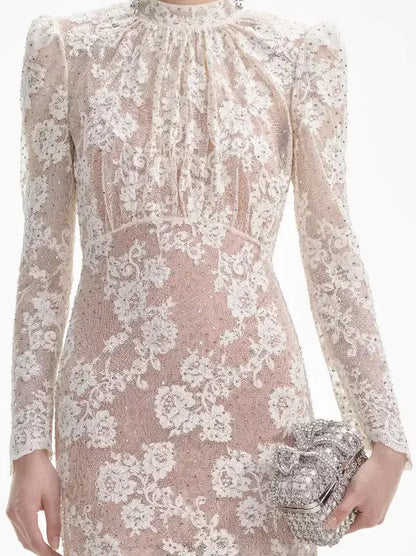 Crystal and Lace Long-Sleeve Maxi Dress - Dresses