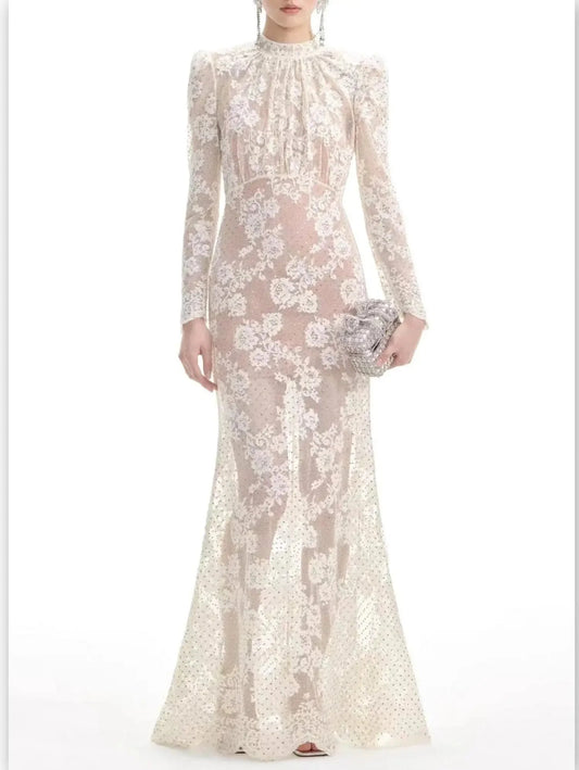 Crystal and Lace Long-Sleeve Maxi Dress - Dresses