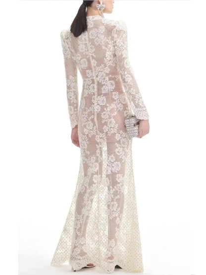 Crystal and Lace Long-Sleeve Maxi Dress - Dresses