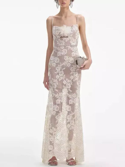 Crystal and Lace Maxi Dress with Flower Applique - Dresses