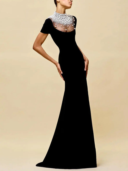 Crystal and Pearl-Embellished Long Black Velvet and Mesh Gown - Dresses