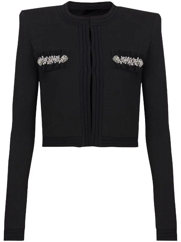 Crystal and Ruffle-Trim Black Cardigan Sweater - Sweaters & Knitwear